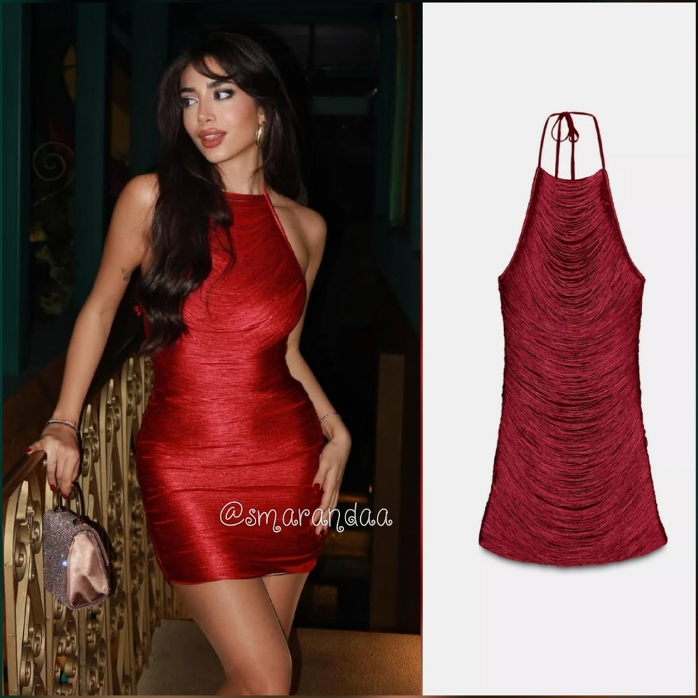 Zara Halter Fringe Short Dress Red